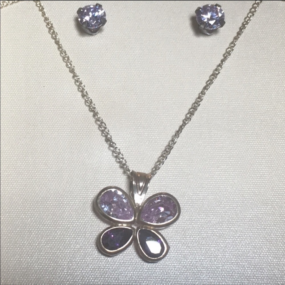 Macy’s Amethyst Butterfly February Birthstone Necklace/Earrings Set W/Box